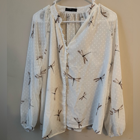 Emery Rose Tops - Emery Rose Women’s Large Sheer Long Sleeve Dragonfly Blouse w/ Sleeve Garters